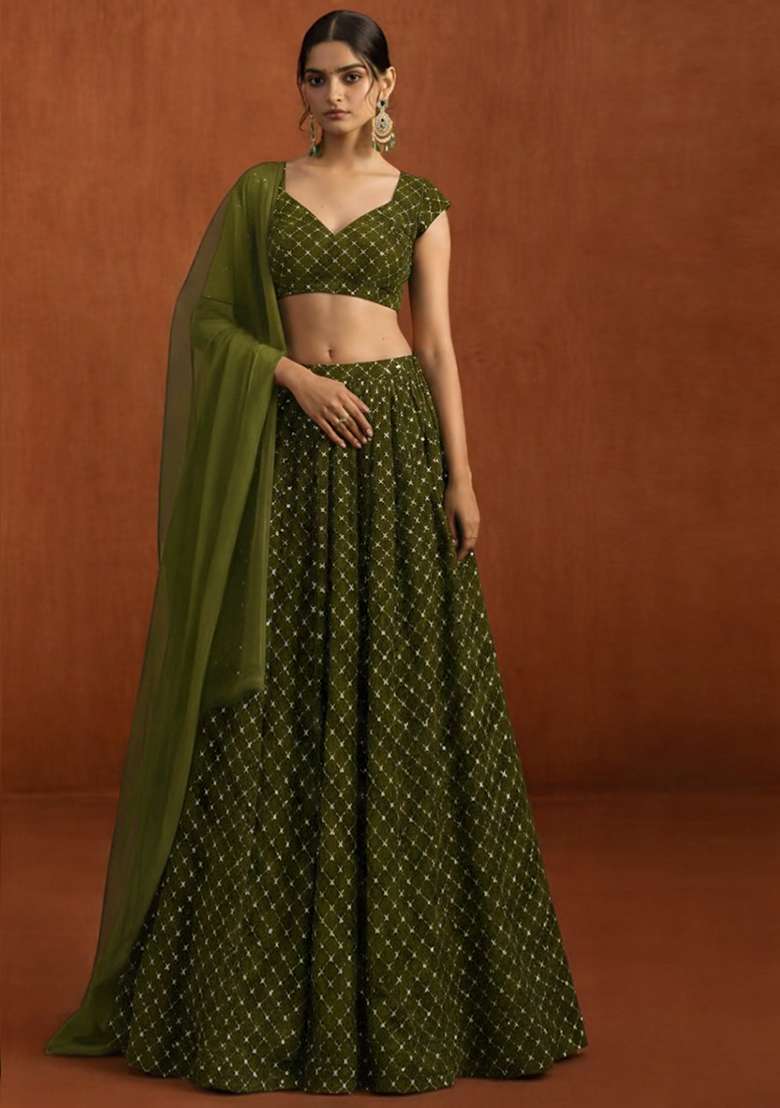 Olive Green Embroidered Velvet Lehenga Set - Indya