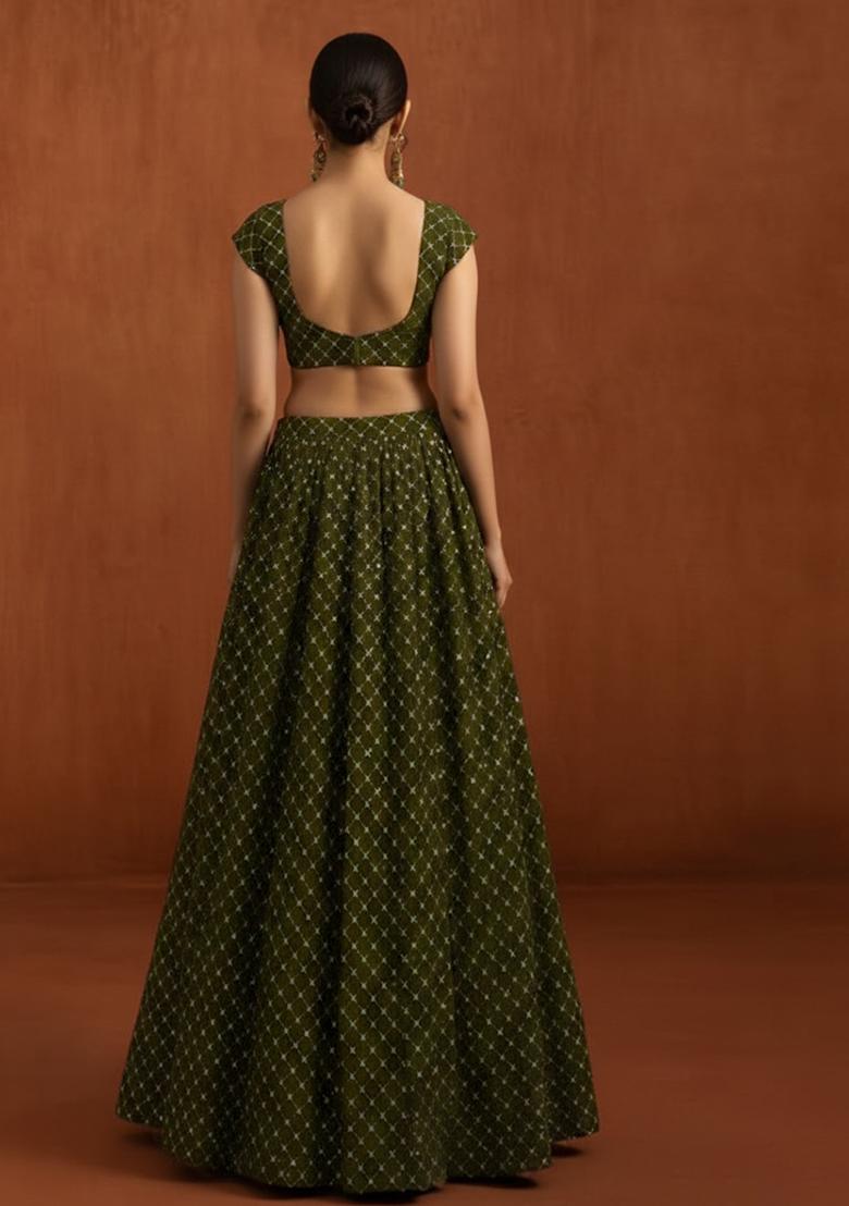 Olive Green Embroidered Velvet Lehenga Set - Indya