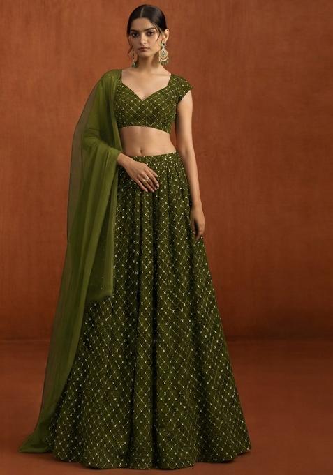Olive Green Embroidered Velvet Lehenga Set