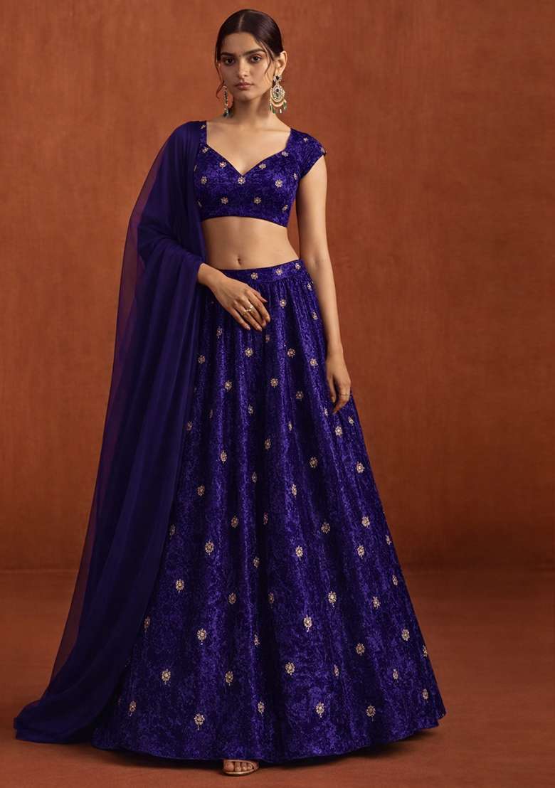 Purple Sequin Velvet Lehenga Set - Indya