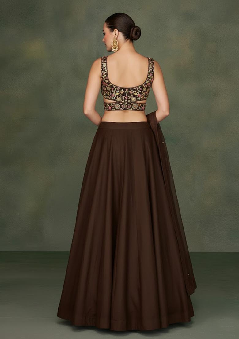 Deep Brown Embroidered Georgette Lehenga Set - Indya