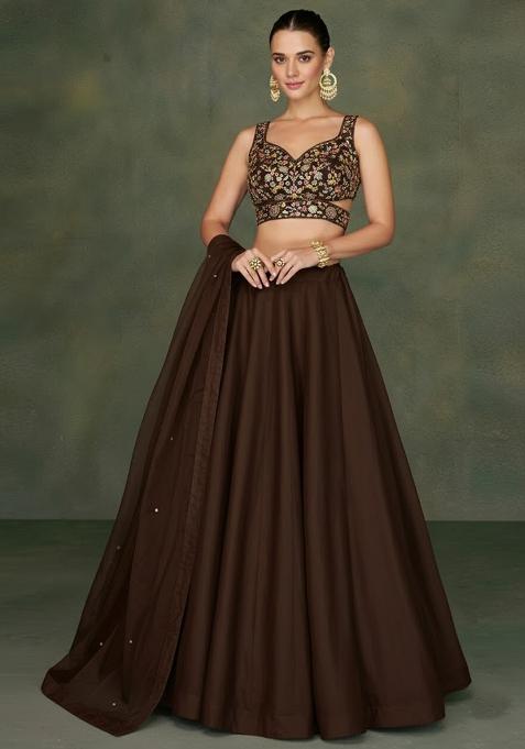 Deep Brown Embroidered Georgette Lehenga Set