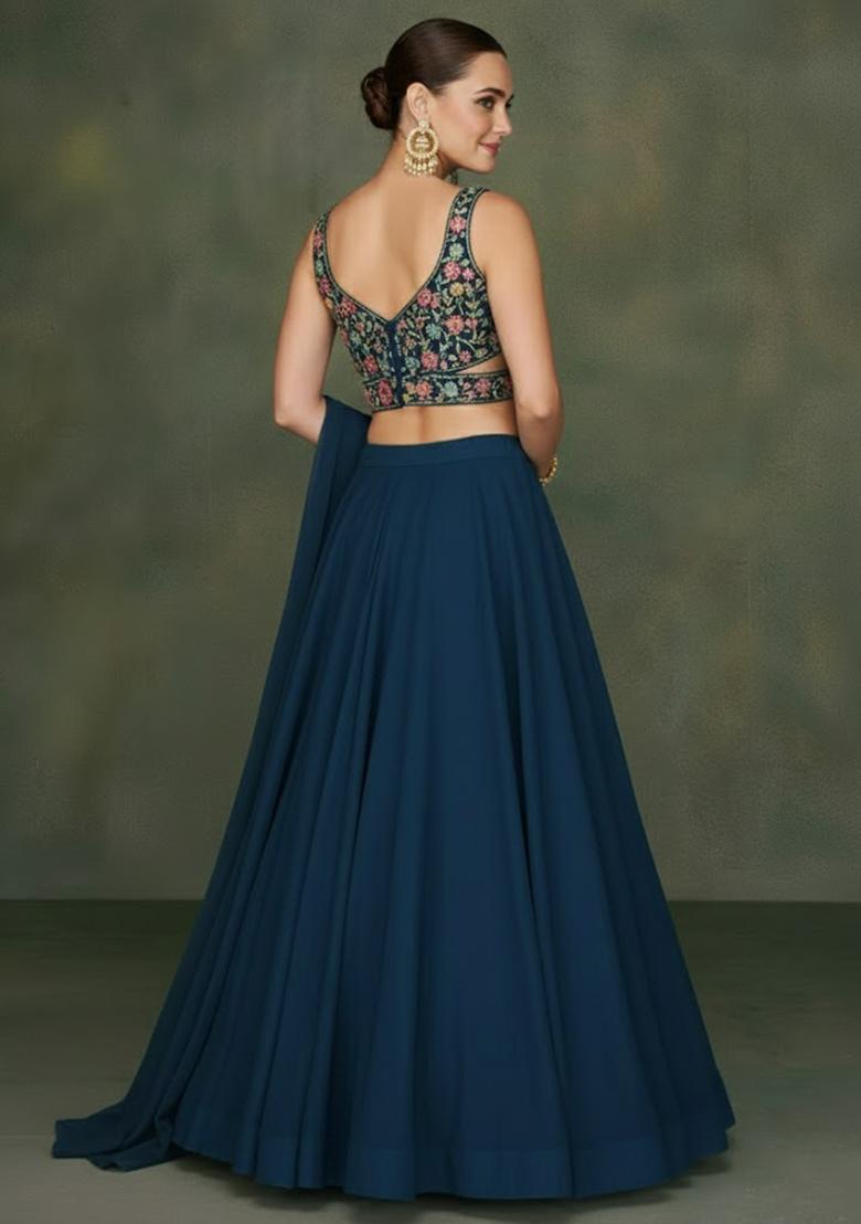 Teal Embroidered Georgette Lehenga Set - Indya