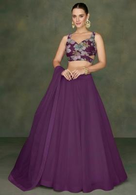 Purple Floral Print Crepe Lehenga Set