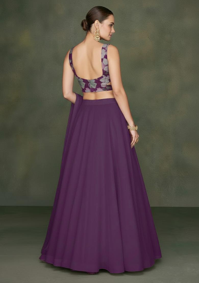 Purple Floral Print Crepe Lehenga Set - Indya