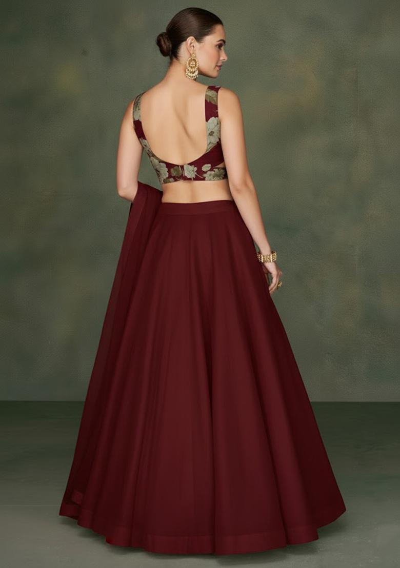 Maroon Floral Print Crepe Lehenga Set - Indya