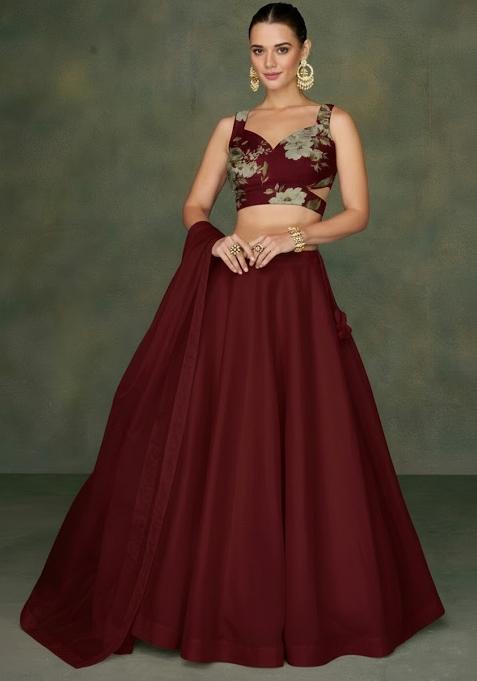 Maroon Floral Print Crepe Lehenga Set