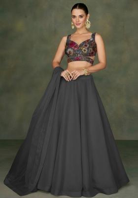 Black Floral Print Crepe Lehenga Set