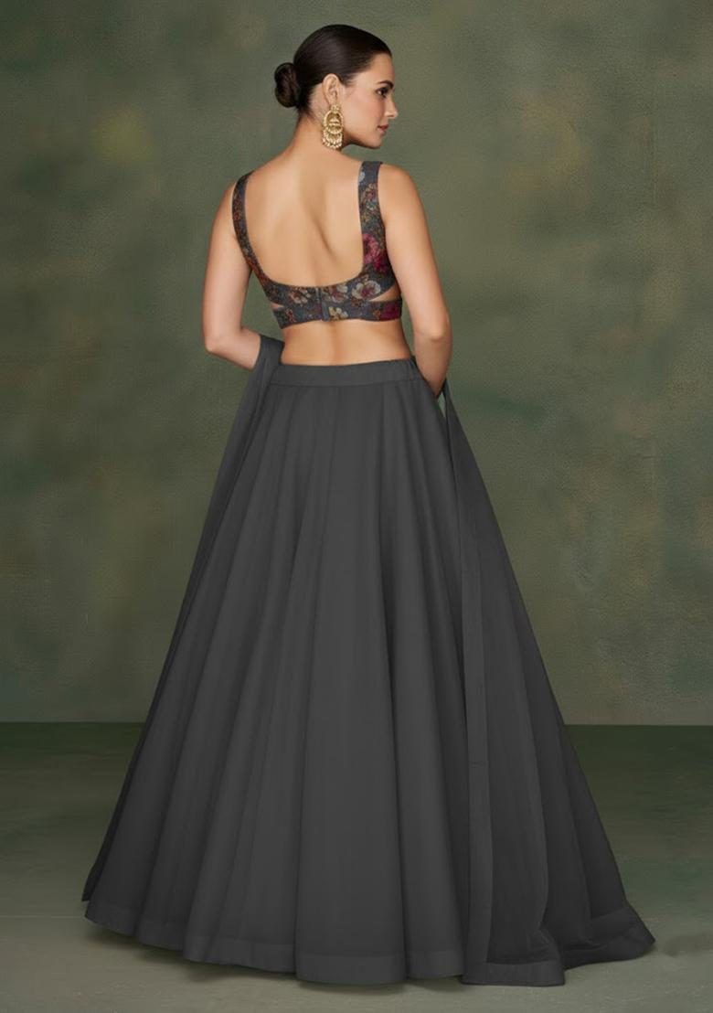 Black Floral Print Crepe Lehenga Set - Indya