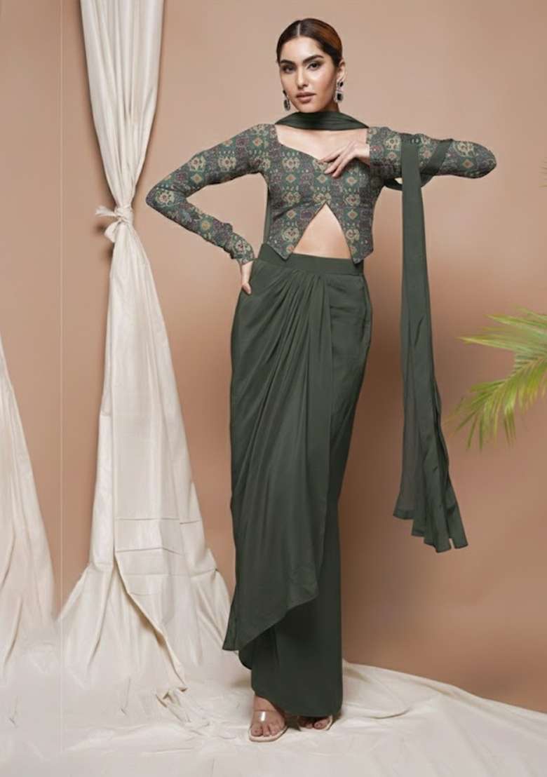 Black Embroidered Silk Fusion Set - Indya