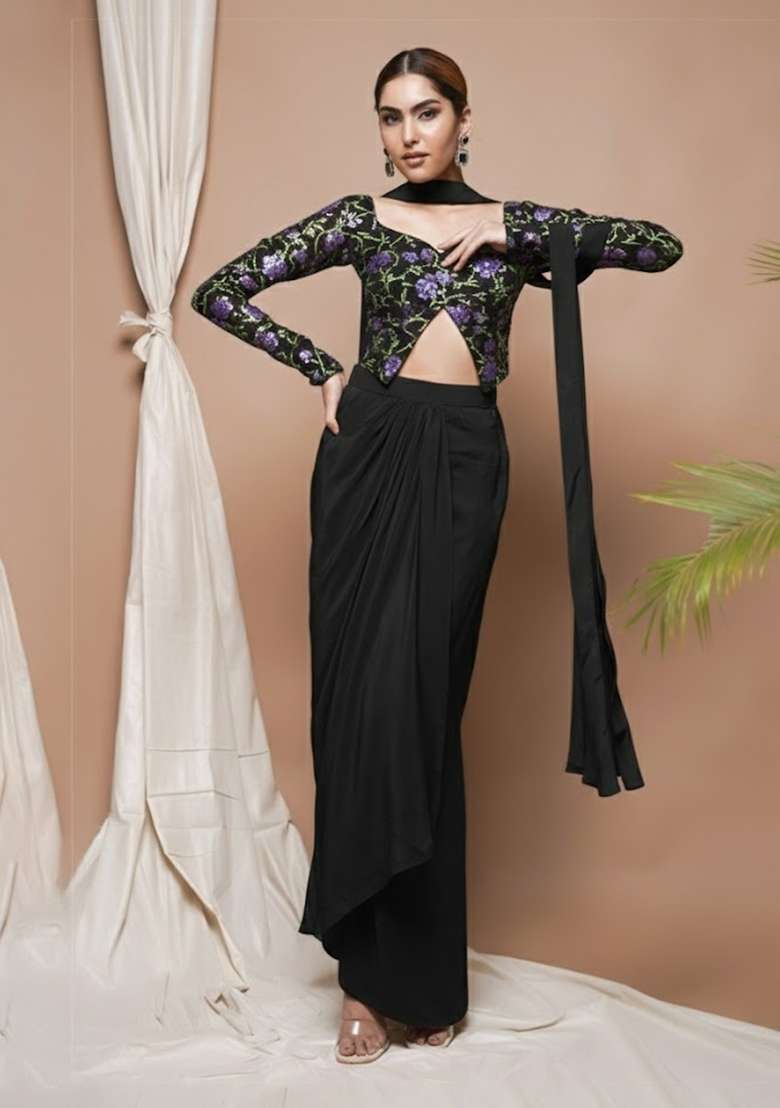 Black Embroidered Silk Fusion Set - Indya
