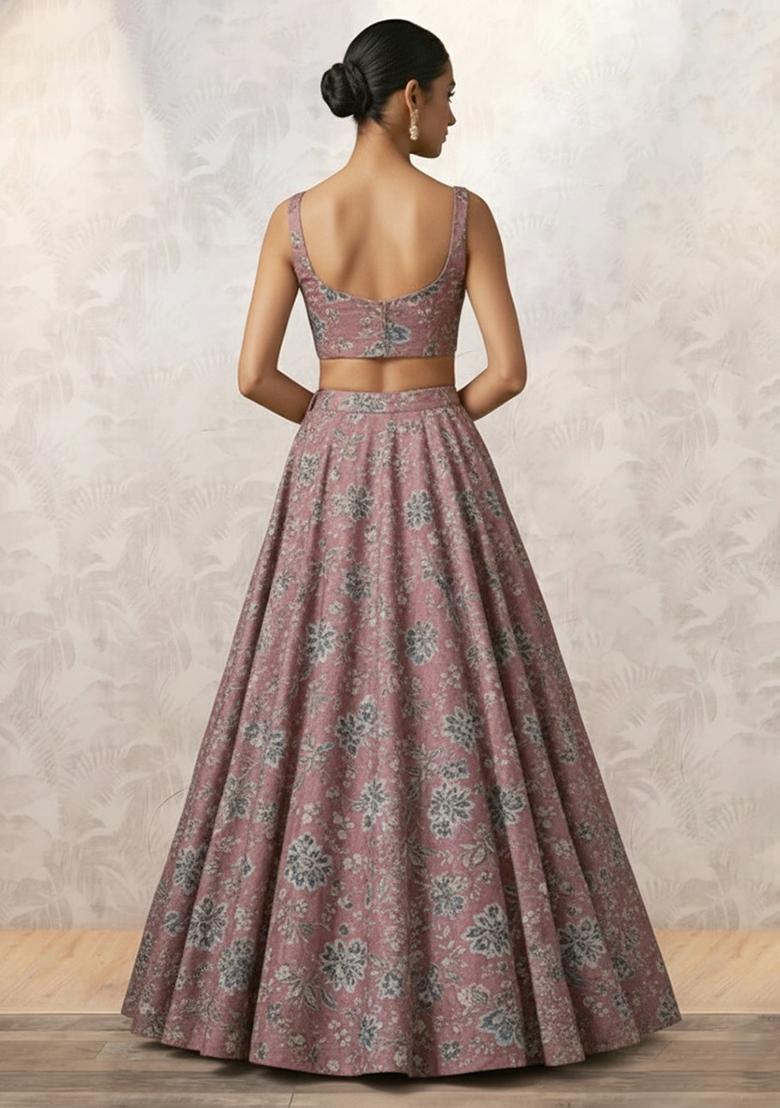 Pink Floral Print Crepe Lehenga Set - Indya