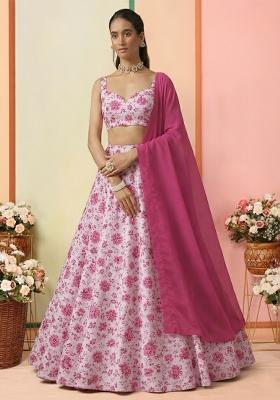 Pink Floral Print Crepe Lehenga Set