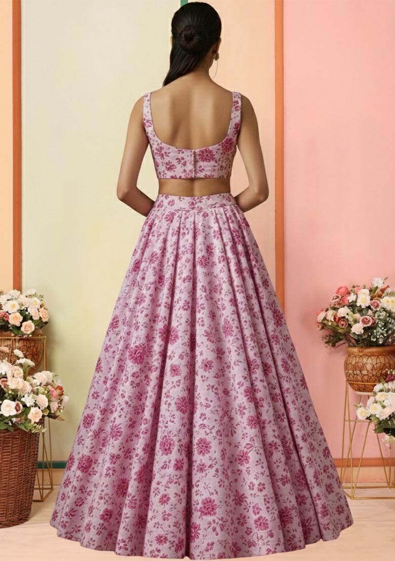 Pink Floral Print Crepe Lehenga Set - Indya