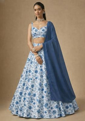 Teal Blue Floral Print Crepe Lehenga Set