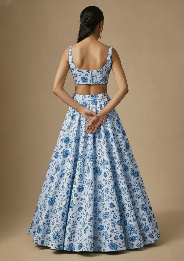 Teal Blue Floral Print Crepe Lehenga Set - Indya