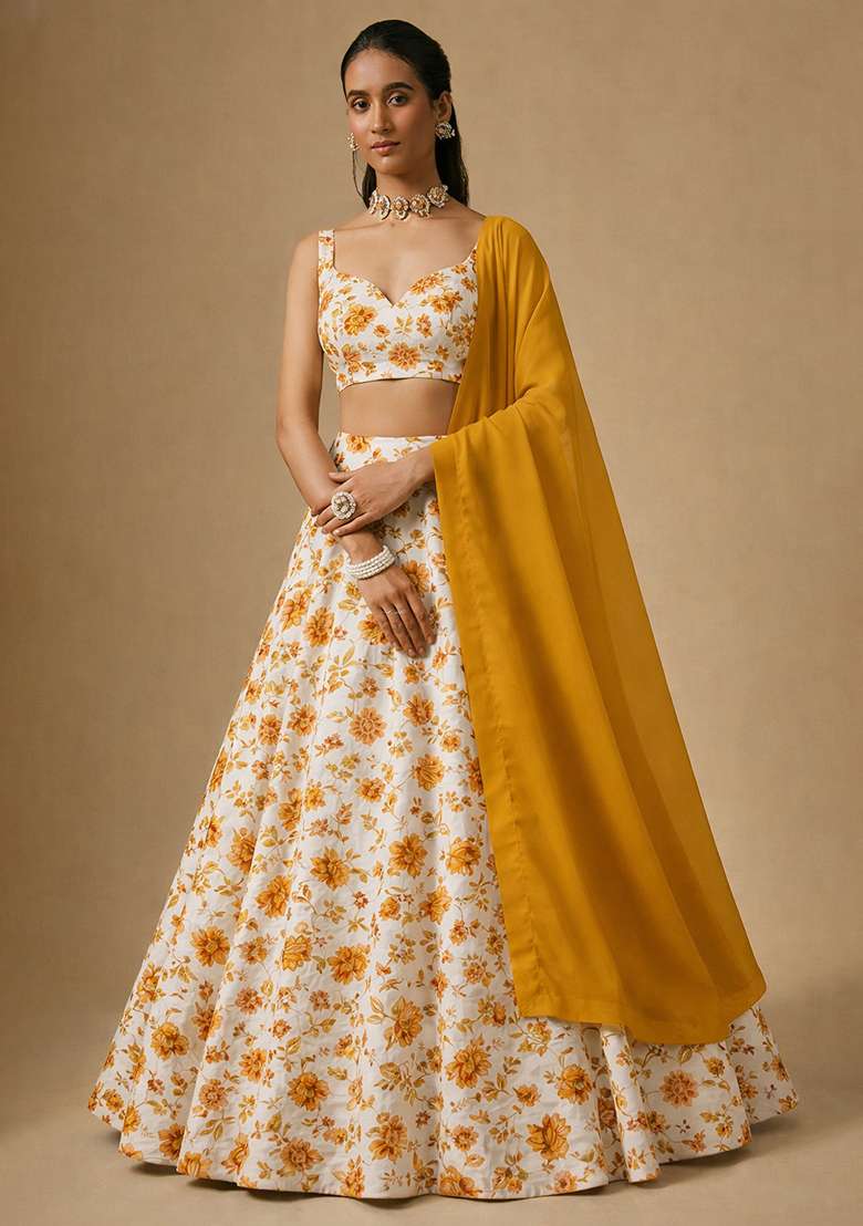Yellow Floral Print Crepe Lehenga Set - Indya