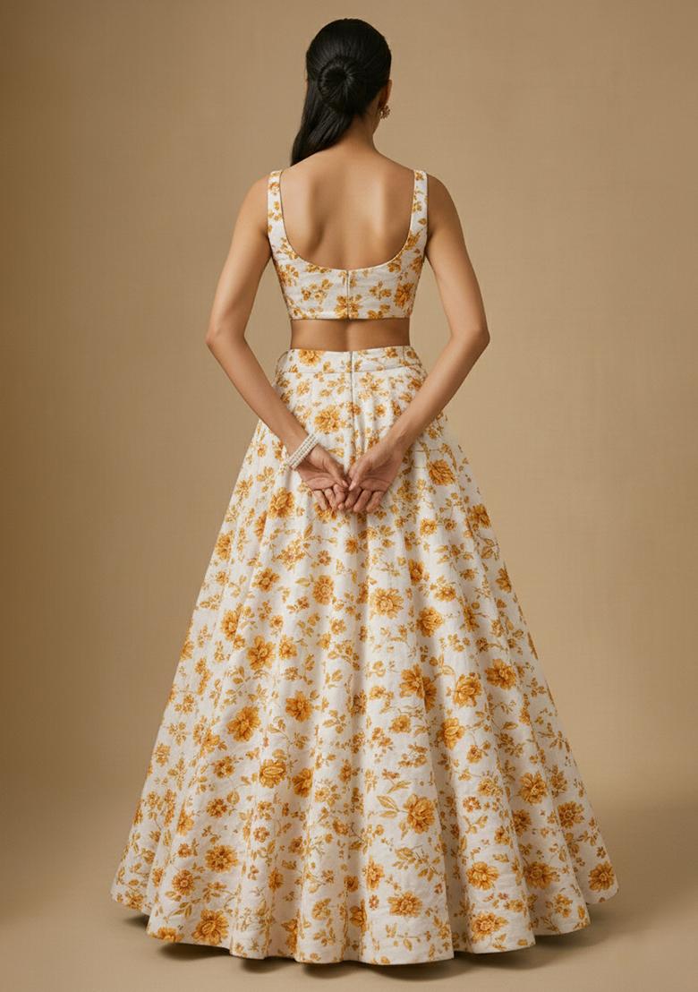 Yellow Floral Print Crepe Lehenga Set - Indya
