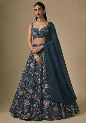 Deep Teal Floral Print Crepe Lehenga Set