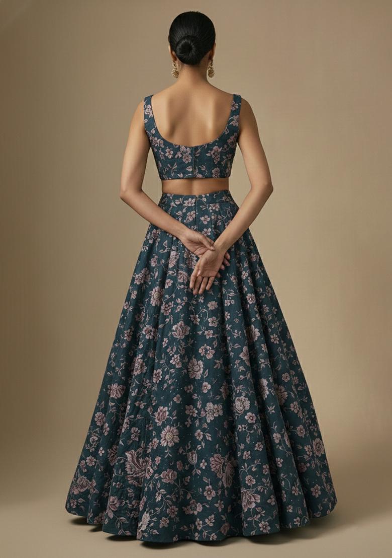Deep Teal Floral Print Crepe Lehenga Set - Indya