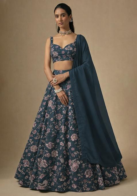 Deep Teal Floral Print Crepe Lehenga Set
