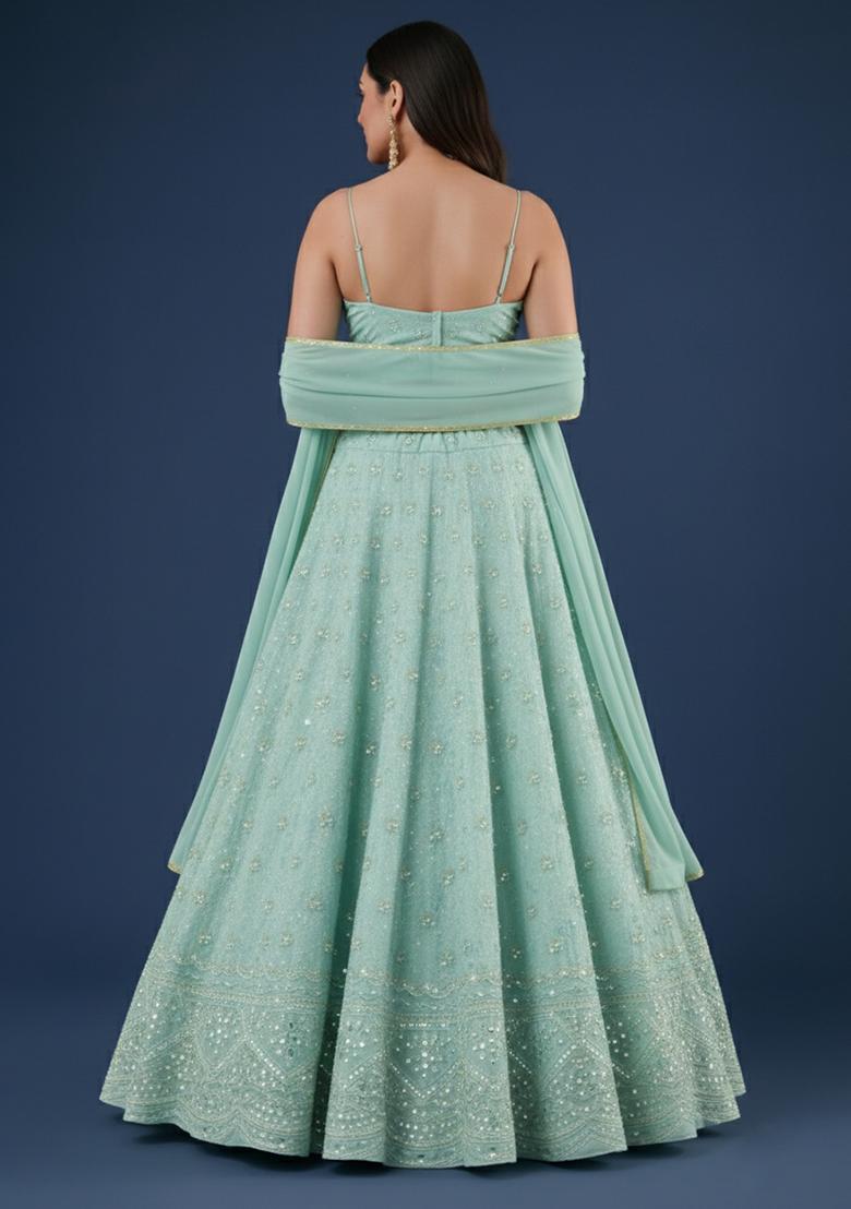 Mint Green Zari Tissue Lehenga Set - Indya