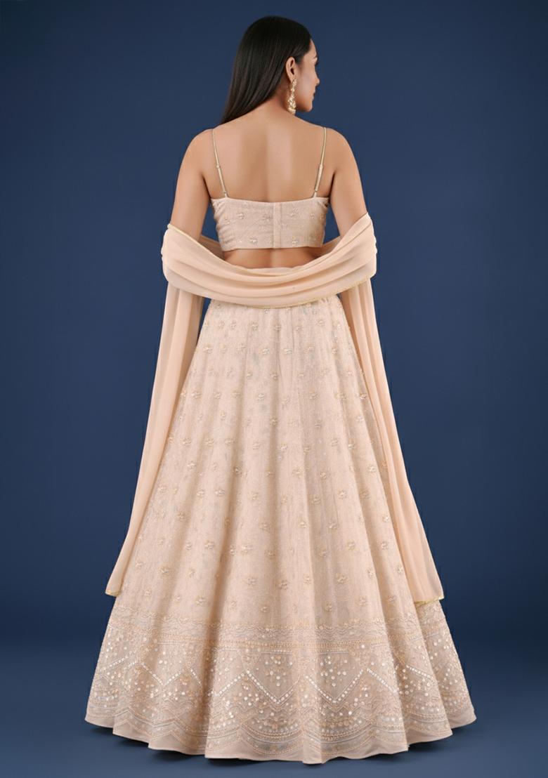 Peach Zari Tissue Lehenga Set - Indya