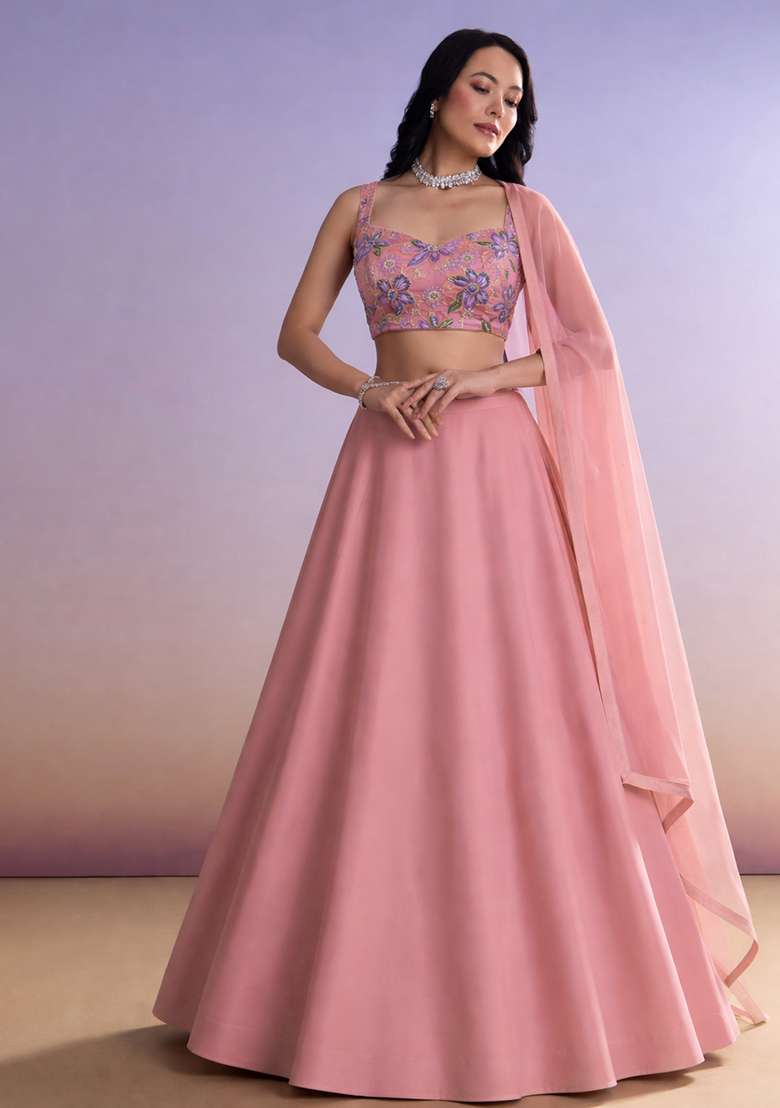 Pink Organza Lehenga Set with Floral Print for Diwali | Wedding & Festive Wear - Indya