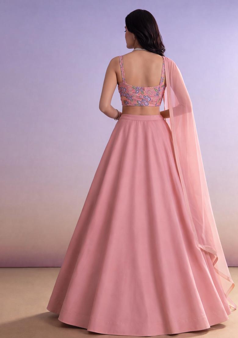 Pink Floral Print Organza Lehenga Set - Indya