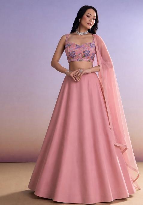 Pink Floral Print Organza Lehenga Set