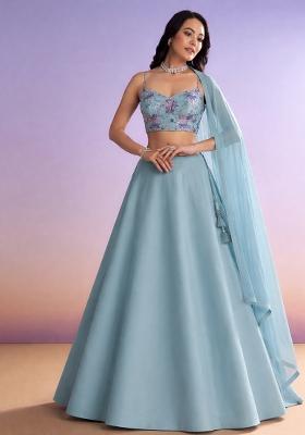 Blue Floral Print Organza Lehenga Set