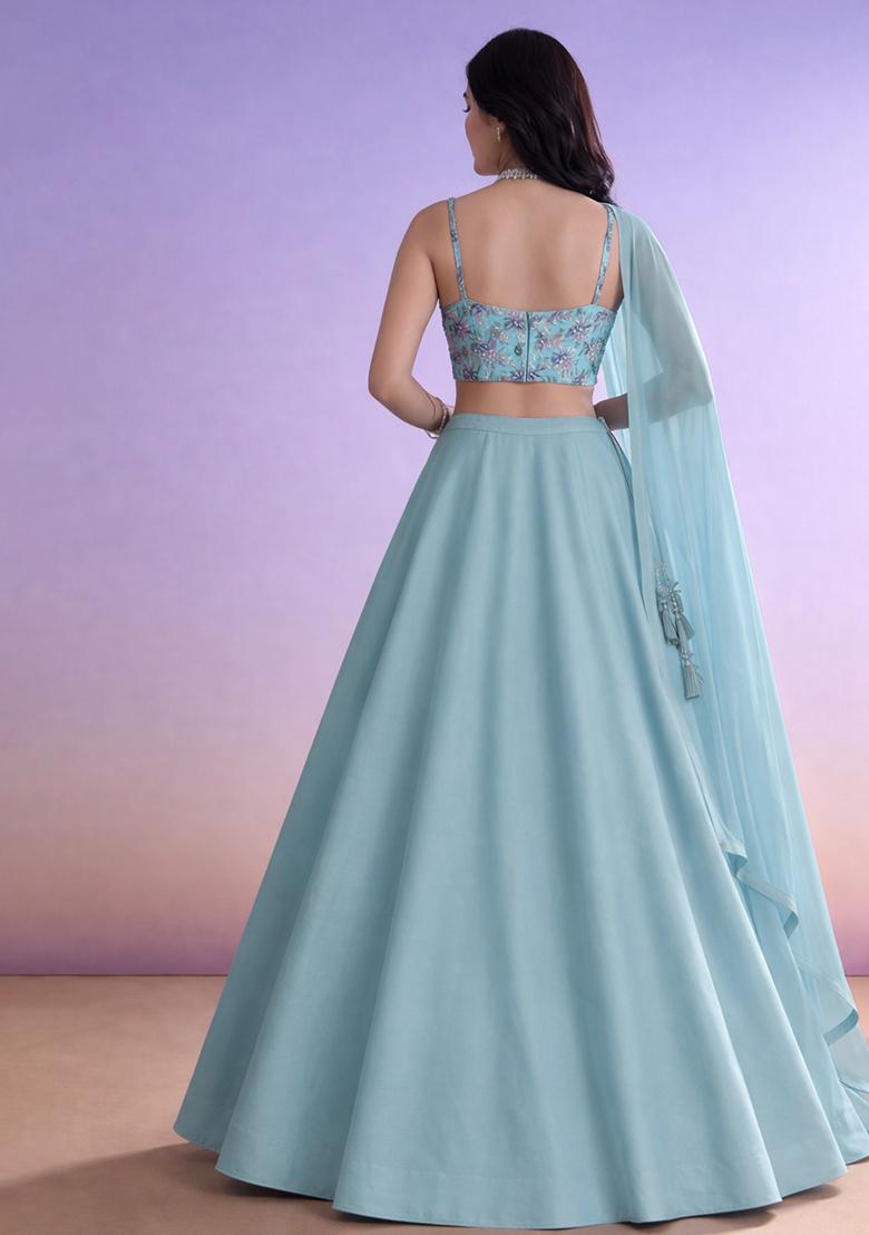 Blue Floral Print Organza Lehenga Set - Indya