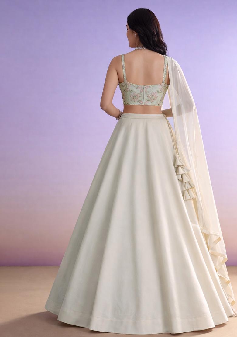 Ivory Floral Print Organza Lehenga Set - Indya