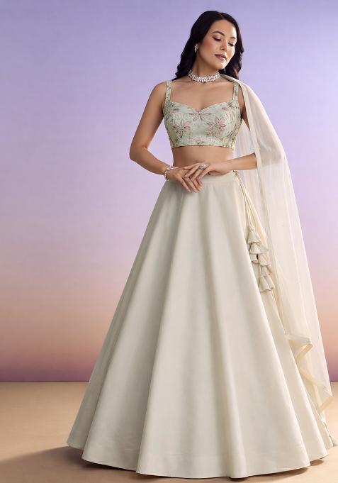 Ivory Floral Print Organza Lehenga Set