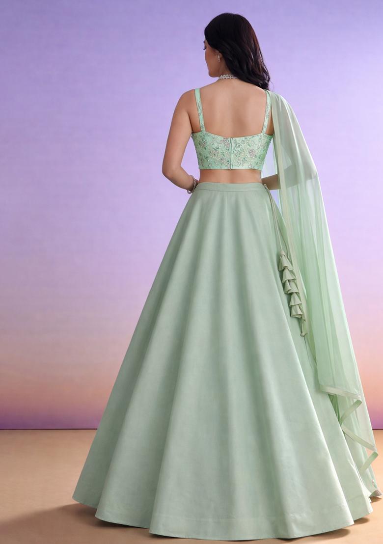 Mint Green Floral Print Organza Lehenga Set - Indya