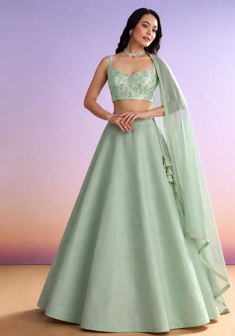 Mint Green Floral Print Organza Lehenga Set