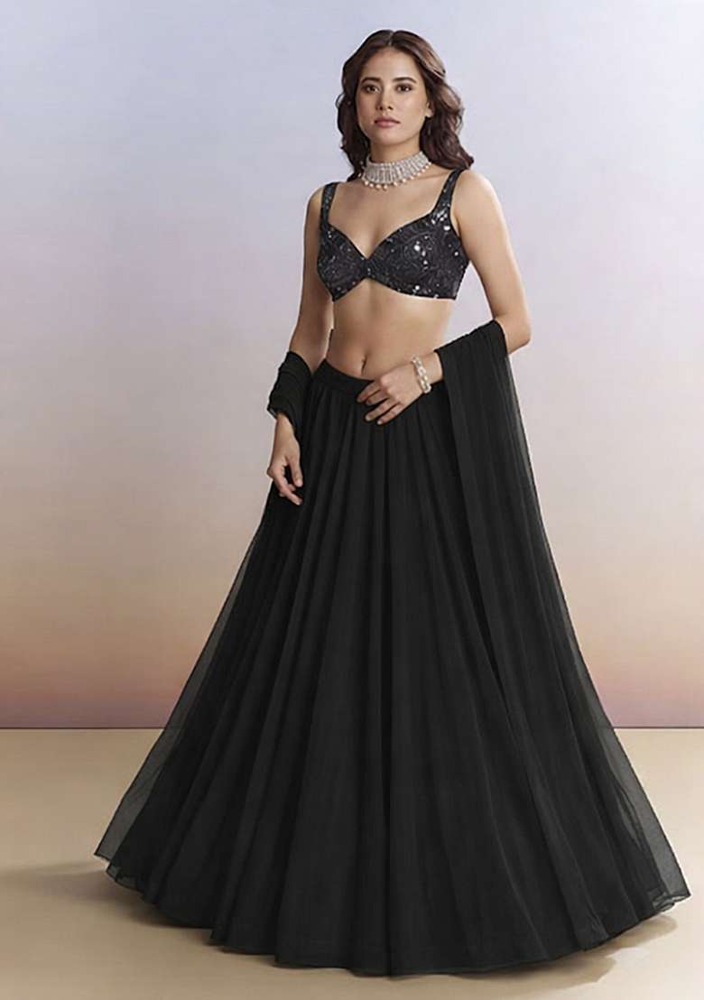 Black Embroidered Net Lehenga Set - Indya