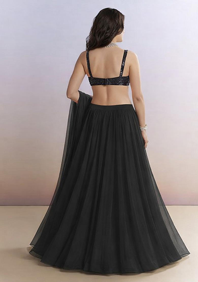 Black Embroidered Net Lehenga Set - Indya