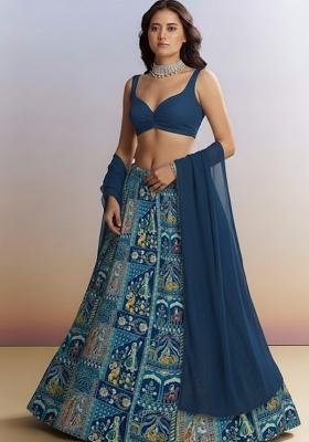 Navy Blue Figure Print Chinon Lehenga Set