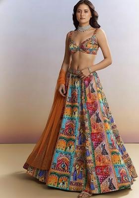 Orange Figure Print Chinon Lehenga Set