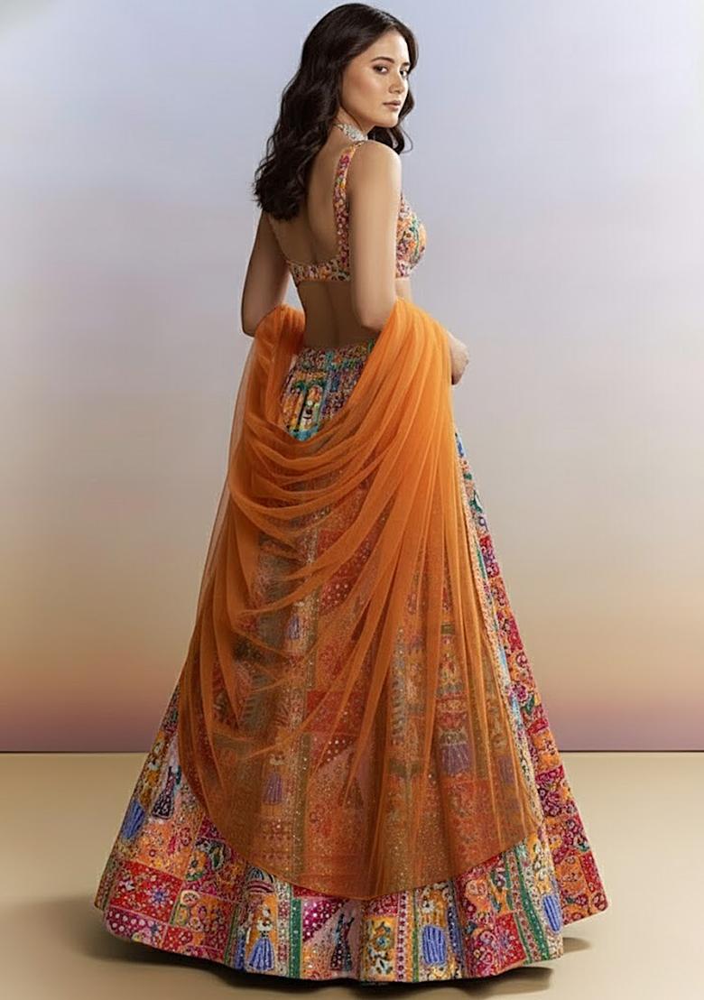 Orange Figure Print Chinon Lehenga Set - Indya