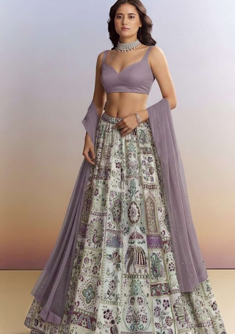 Lavender Figure Print Crepe Lehenga Set - Indya