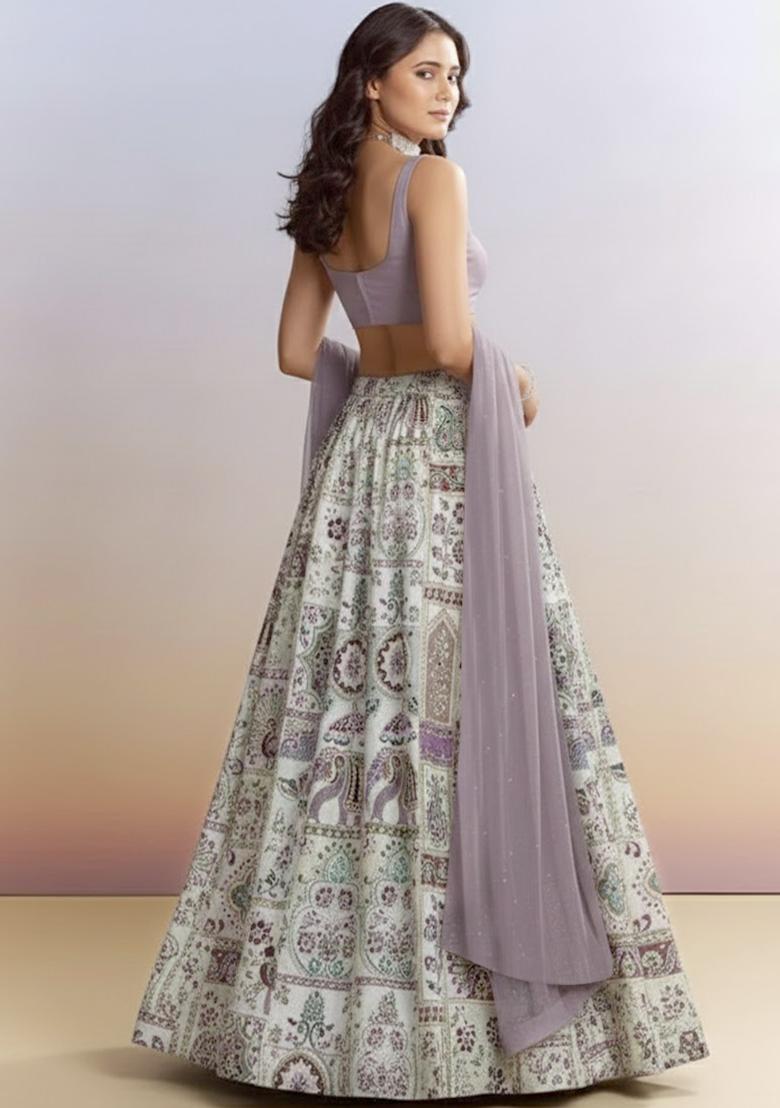 Lavender Figure Print Crepe Lehenga Set - Indya