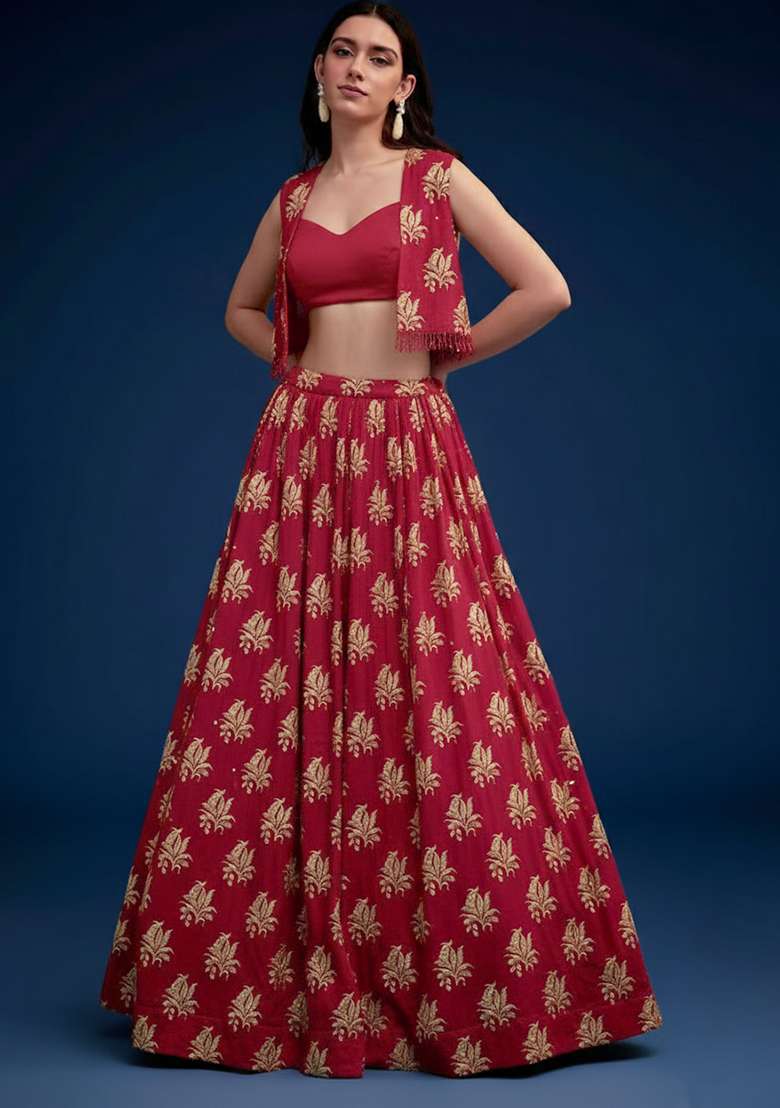 Red Brocade Lehenga Set - Indya