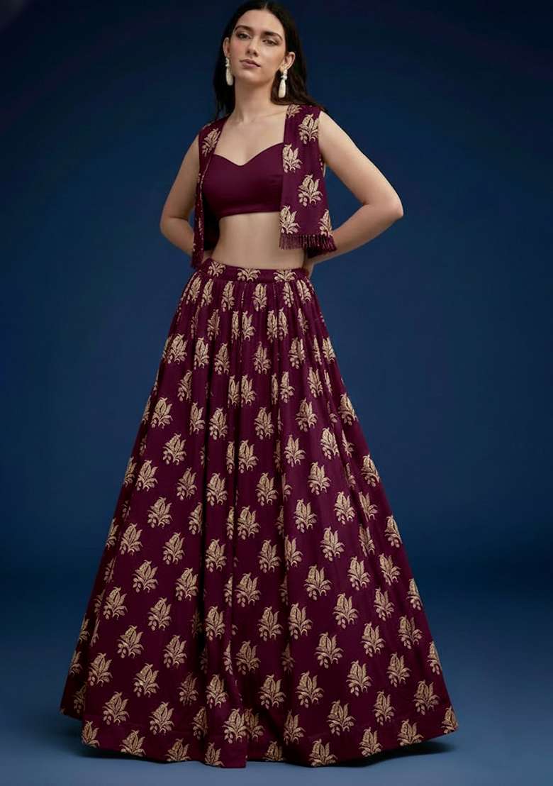 Wine Brocade Lehenga Set - Indya