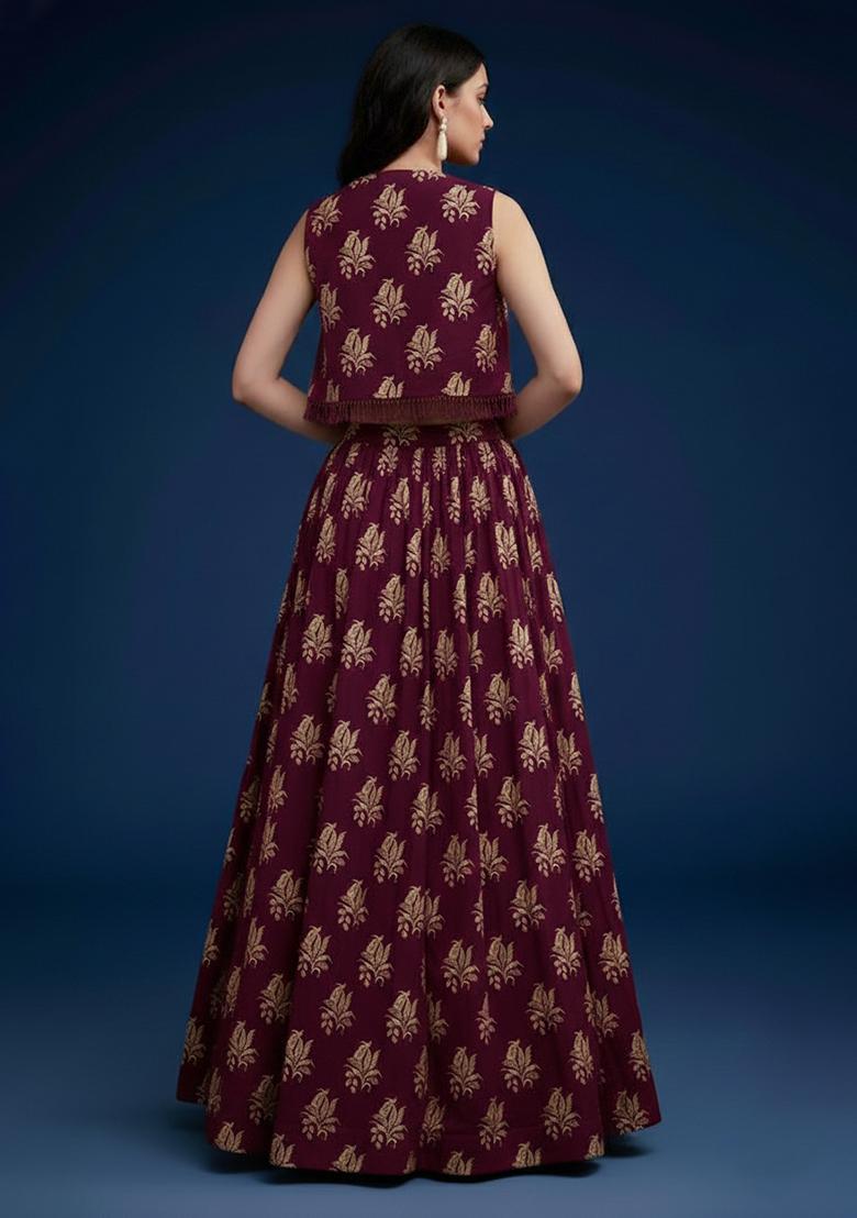 Wine Brocade Lehenga Set - Indya