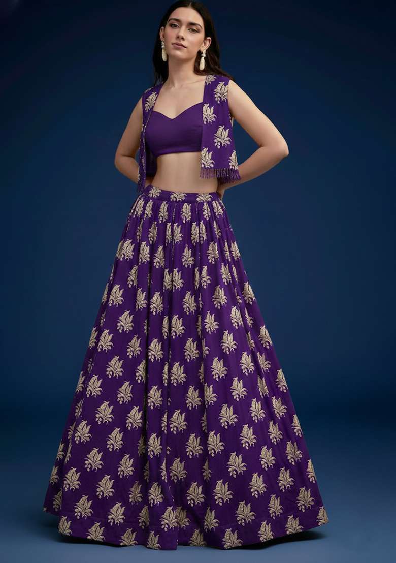 Purple Brocade Lehenga Set - Indya