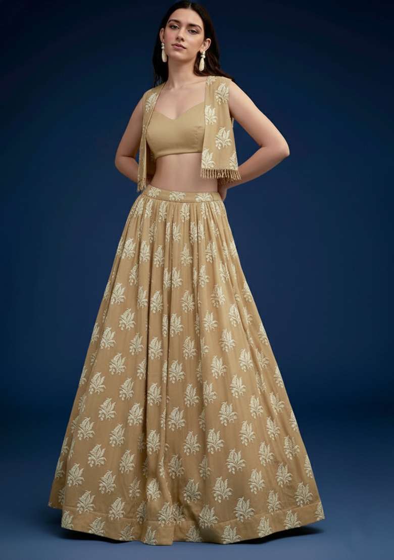 Beige Brocade Lehenga Set - Indya