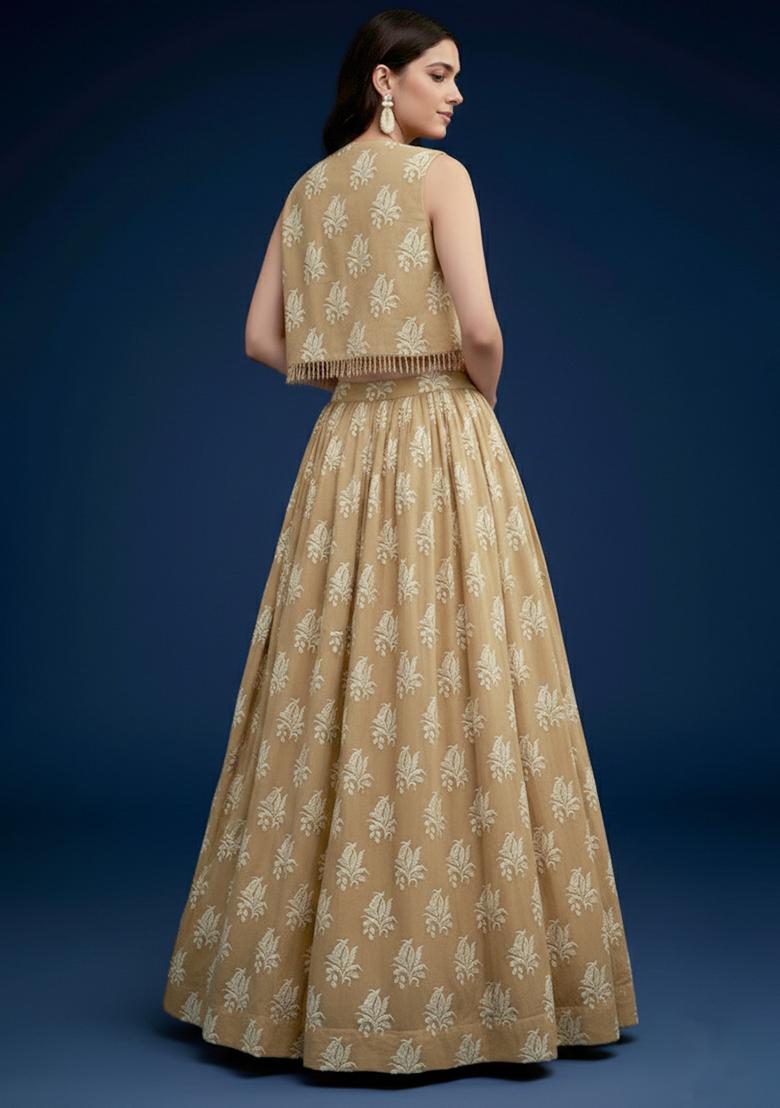 Beige Brocade Lehenga Set - Indya