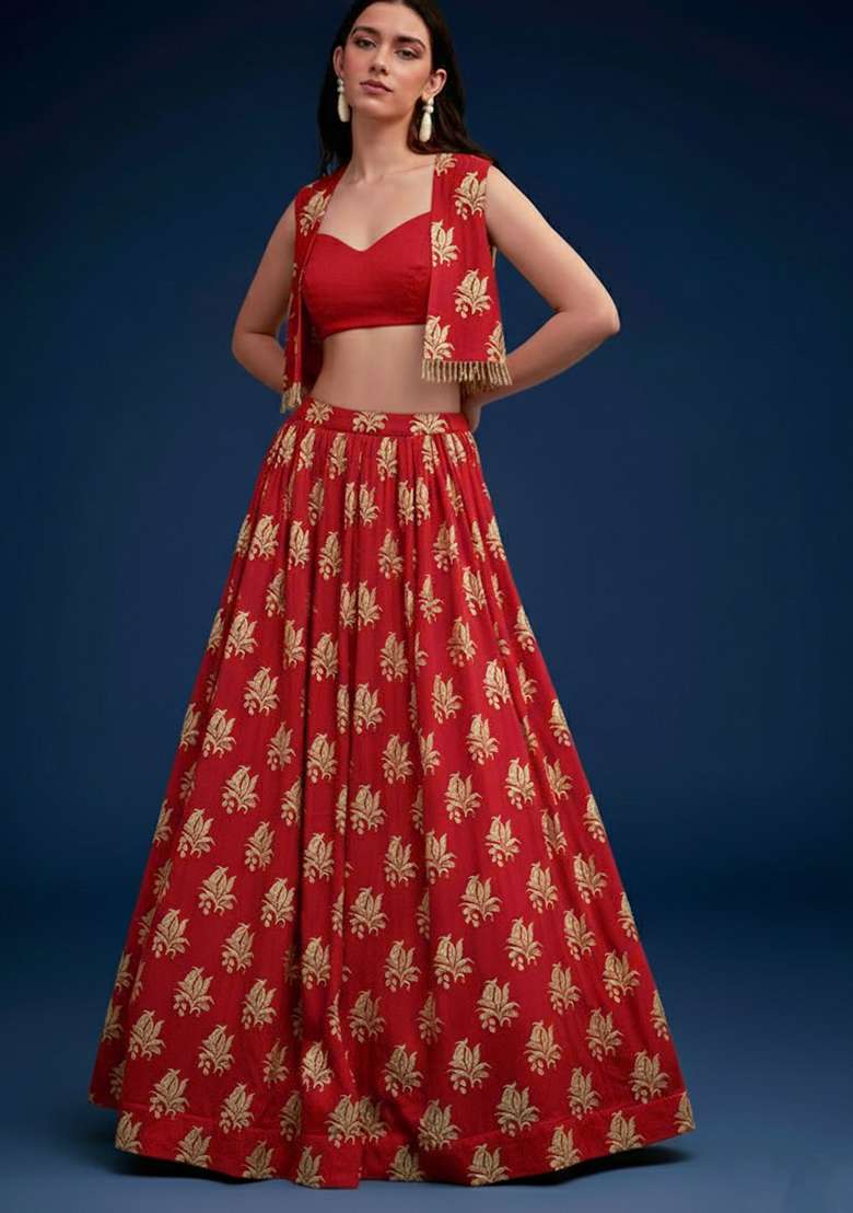 Red Brocade Lehenga Set - Indya
